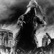 Radioactive monster Godzilla stomps through a city and eats a commuter train in a scene from 'Godzilla, King of the Monsters!,' directed by Ishiro Honda and Terry O. Morse, 1956